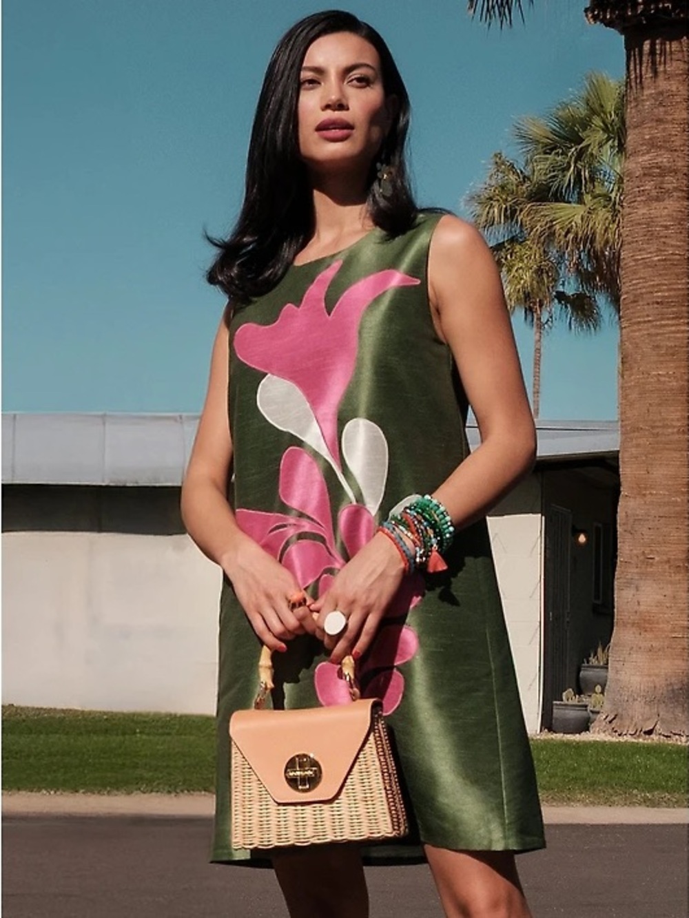 FRANCES VALENTINE Sleeveless Green Floral Shift Dress with Pink Application/ NWT